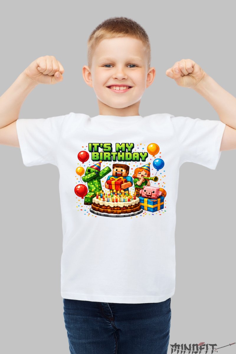 Tricou Minecraft My Birthday - Aventuri Pixilate baiat alb