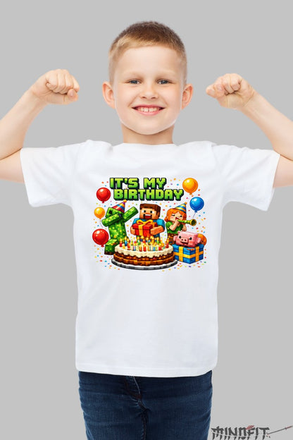 Tricou Minecraft My Birthday - Aventuri Pixilate baiat alb