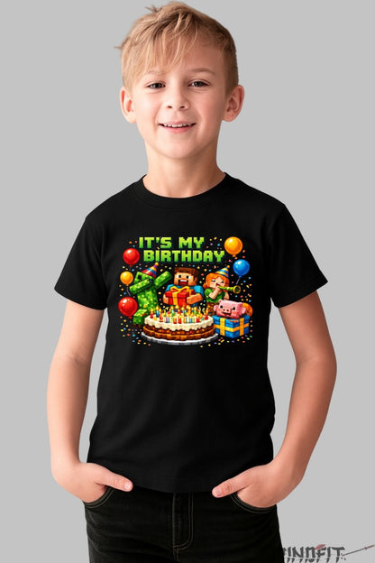 Tricou Minecraft My Birthday - Aventuri Pixilate baiat negru
