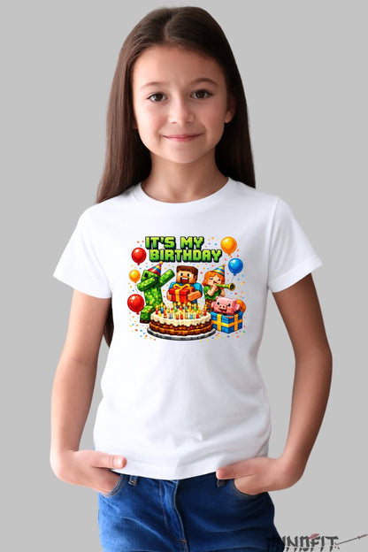 Tricou Minecraft My Birthday - Aventuri Pixilate fata alb