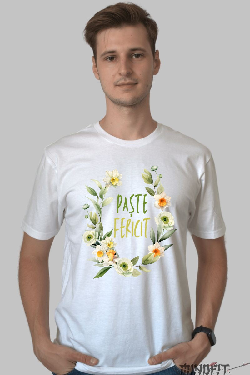 Tricou Paste Fericit - Coroana Florala Barbat Alb