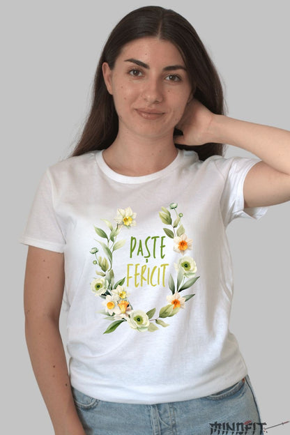 Tricou Paste Fericit - Coroana Florala Dama Alb