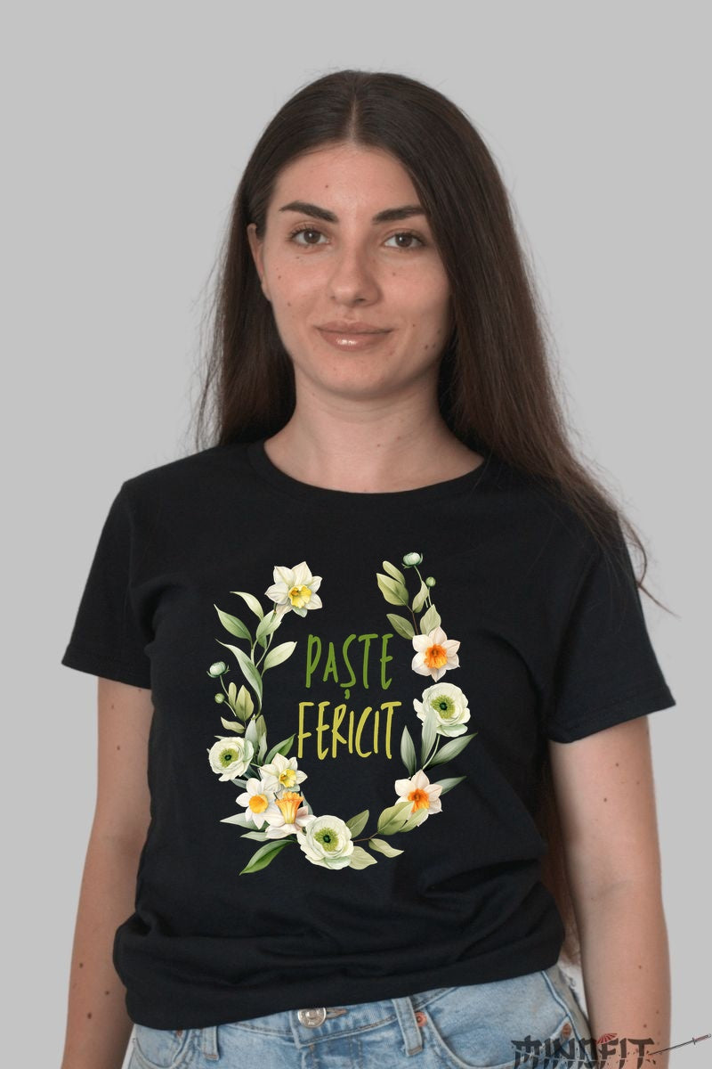 Tricou Paste Fericit - Coroana Florala Dama Negru