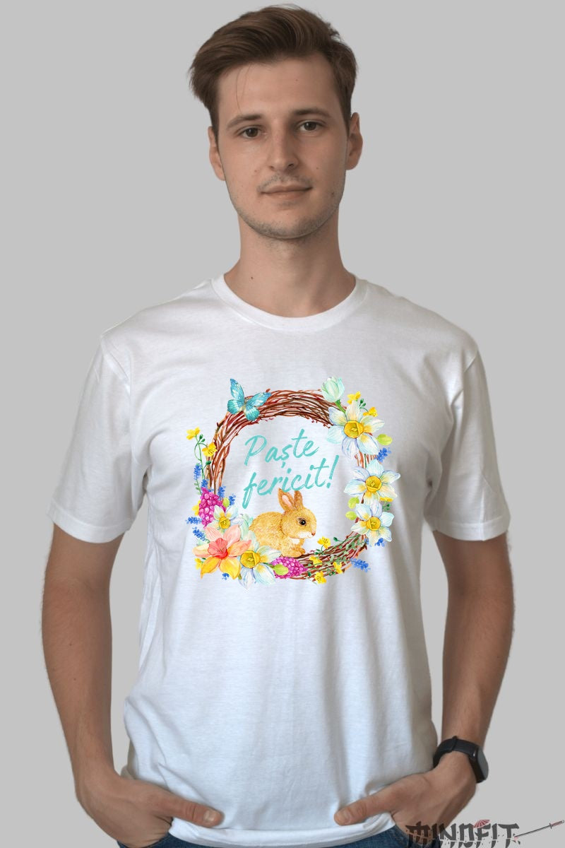 Tricou Paste Fericit - Coronita Cu Iepuras Flori Si Fluturi Barbat Alb