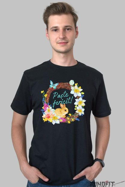 Tricou Paste Fericit - Coronita Cu Iepuras Flori Si Fluturi Barbat Negru