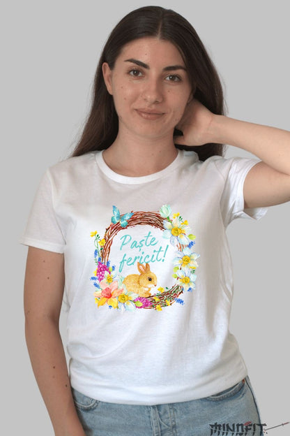 Tricou Paste Fericit - Coronita Cu Iepuras Flori Si Fluturi Dama Alb