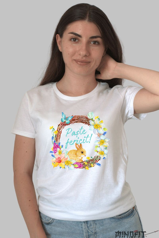 Tricou Paste Fericit - Coronita Cu Iepuras Flori Si Fluturi Dama Alb