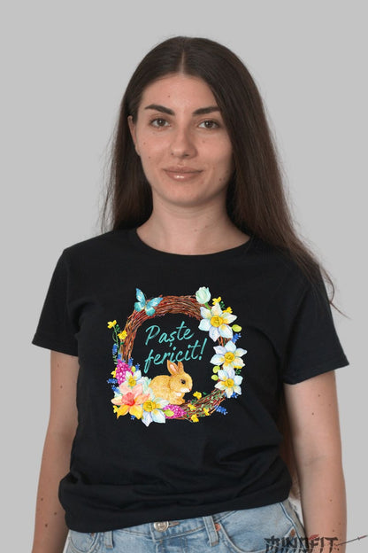 Tricou Paste Fericit - Coronita Cu Iepuras Flori Si Fluturi Dama Negru