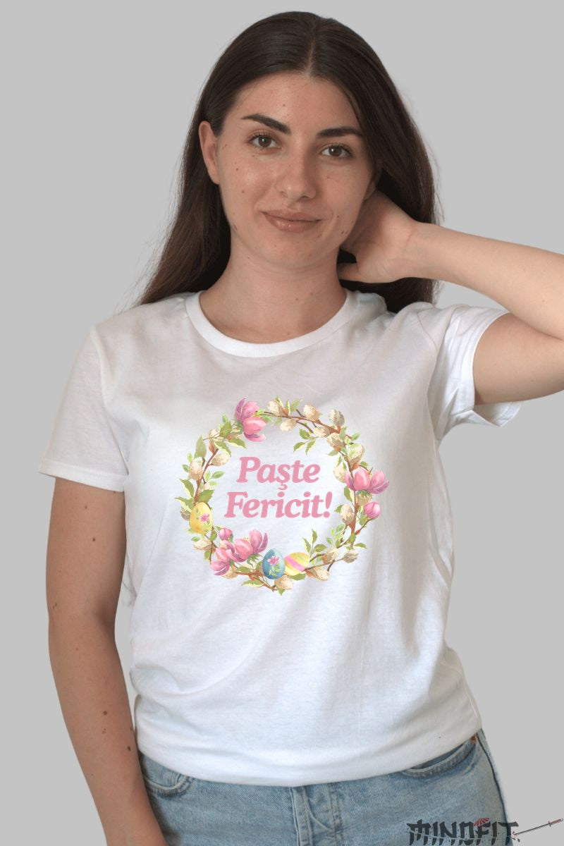Tricou Paste Fericit - Coronita Din Magnolii Si Oua Colorate Dama Alb