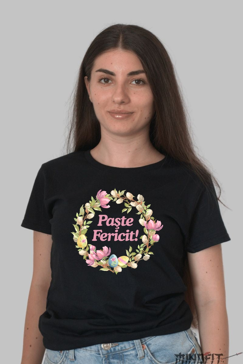 Tricou Paste Fericit - Coronita Din Magnolii Si Oua Colorate Dama Negru