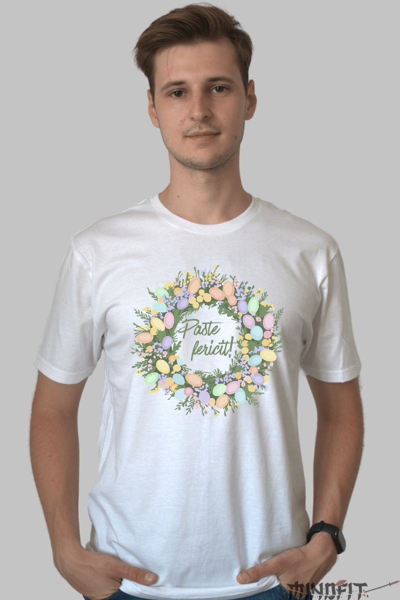 Tricou Paste Fericit - Coronita Impodobita Cu Oua Colorate Barbat Alb