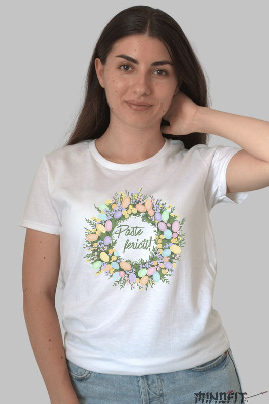 Tricou Paste Fericit - Coronita Impodobita Cu Oua Colorate Dama Alb