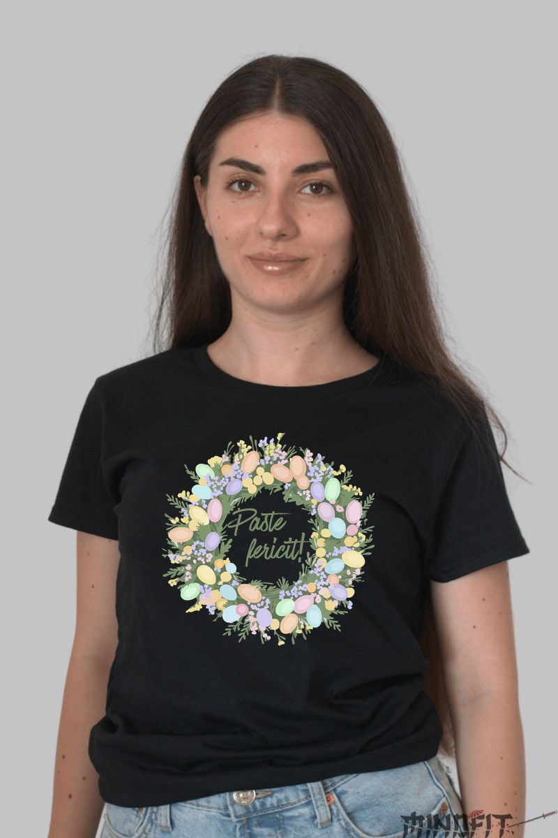 Tricou Paste Fericit - Coronita Impodobita Cu Oua Colorate Dama Negru
