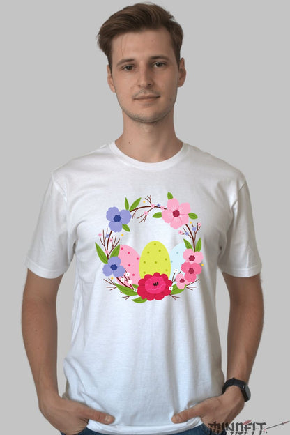 Tricou Paste Fericit - Coronita Impodobita Cu Oua Si Flori Barbat Alb