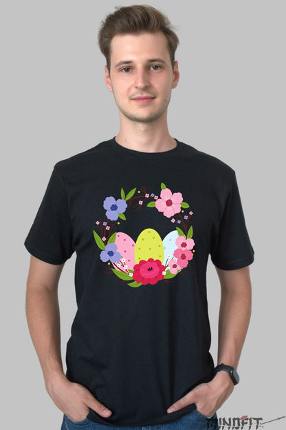 Tricou Paste Fericit - Coronita Impodobita Cu Oua Si Flori Barbat Negru