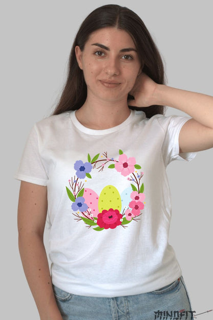 Tricou Paste Fericit - Coronita Impodobita Cu Oua Si Flori Dama Alb