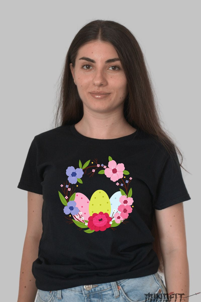 Tricou Paste Fericit - Coronita Impodobita Cu Oua Si Flori Dama Negru