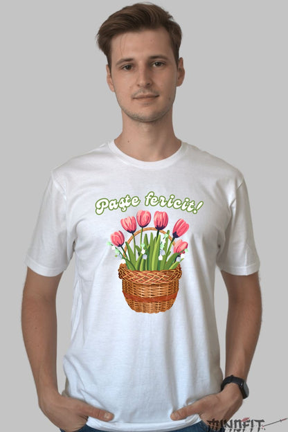 Tricou Paste Fericit - Cos cu Flori Barbat Alb