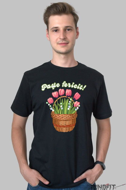 Tricou Paste Fericit - Cos cu Flori Barbat Negru