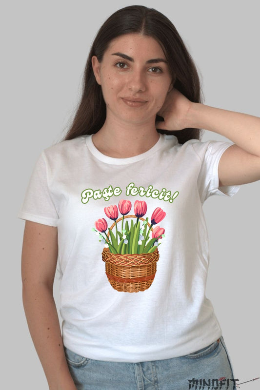Tricou Paste Fericit - Cos cu Flori Dama Alb