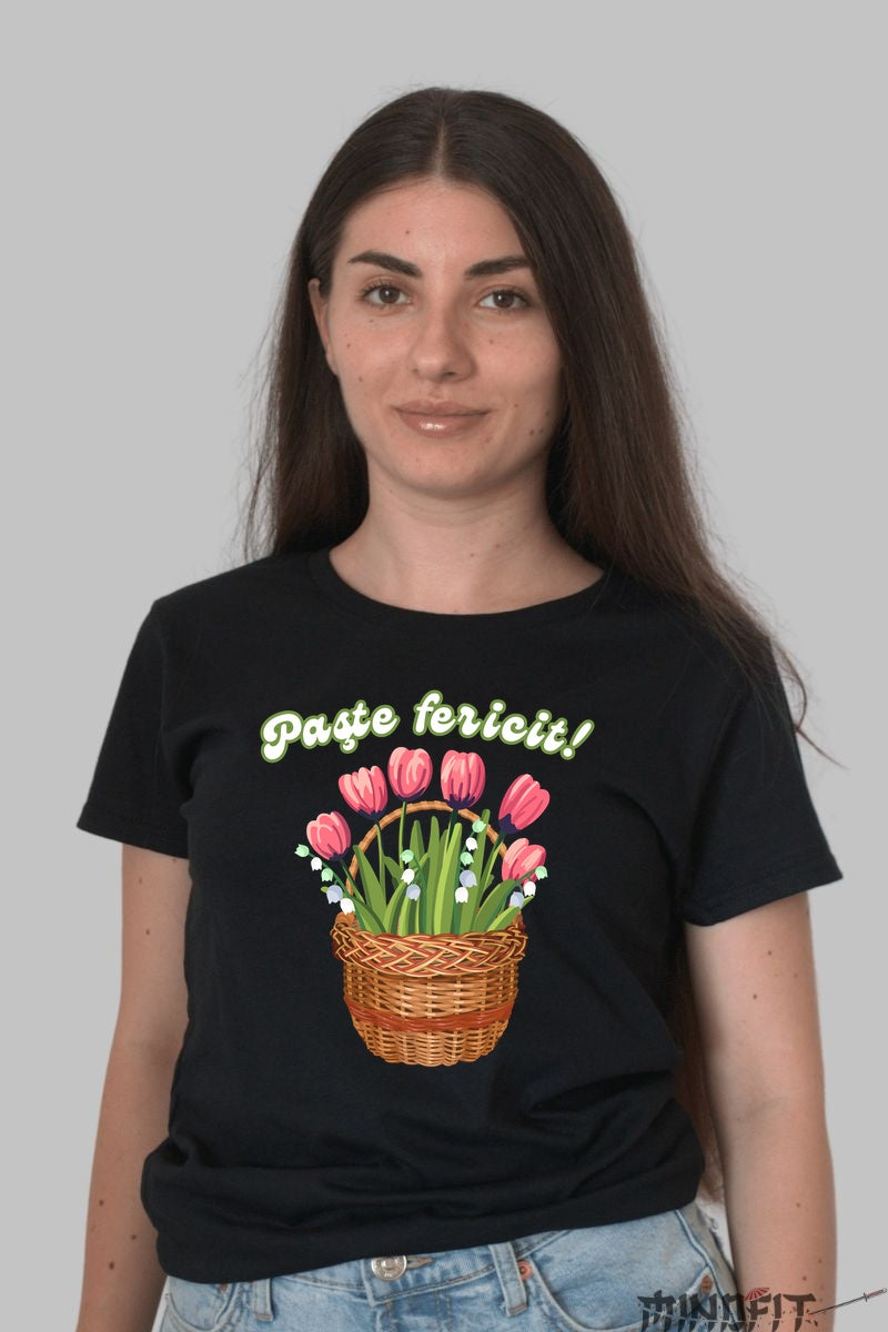 Tricou Paste Fericit - Cos cu Flori Dama Negru