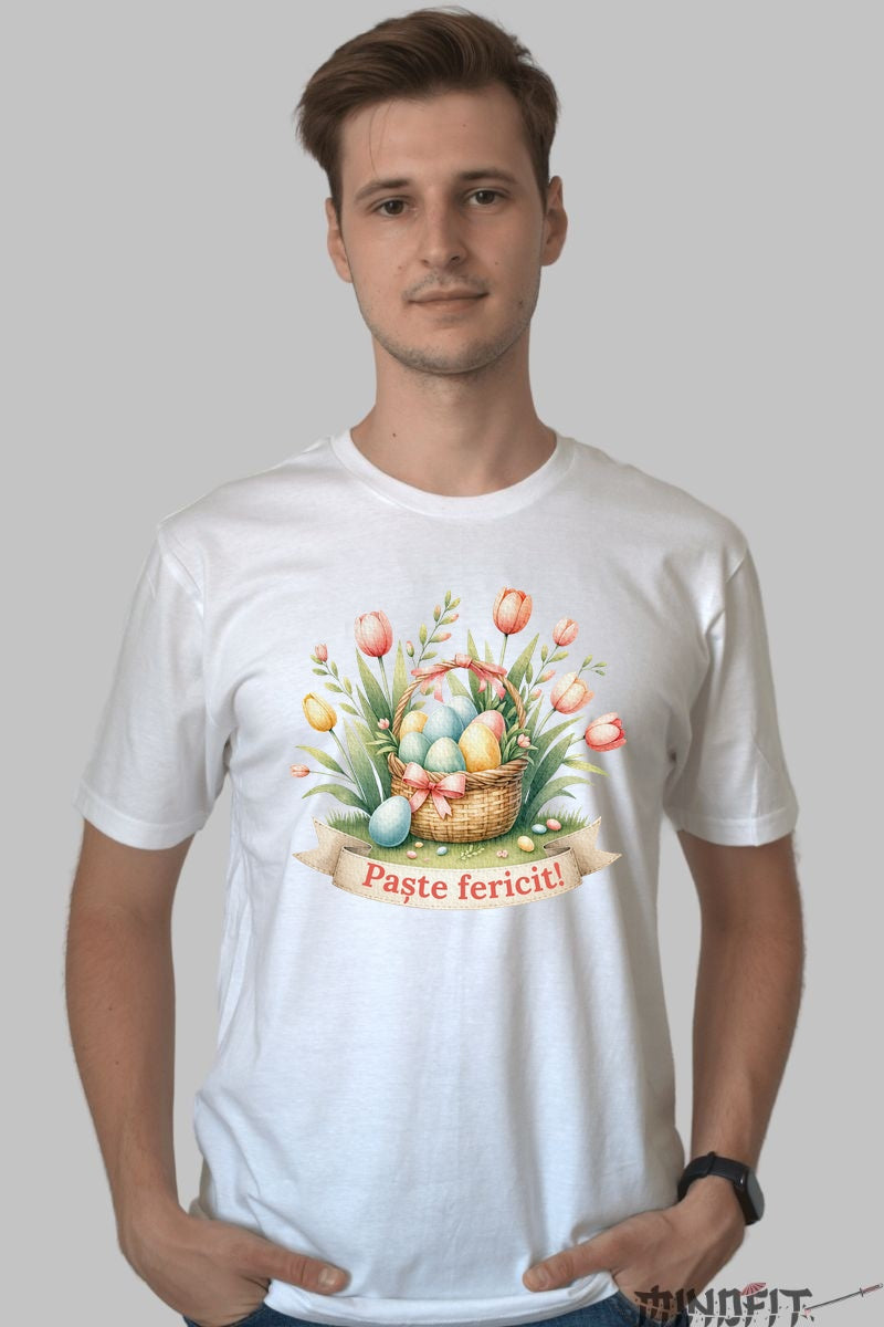 Tricou Paste Fericit - Cos cu Oua Si Flori Barbat Alb