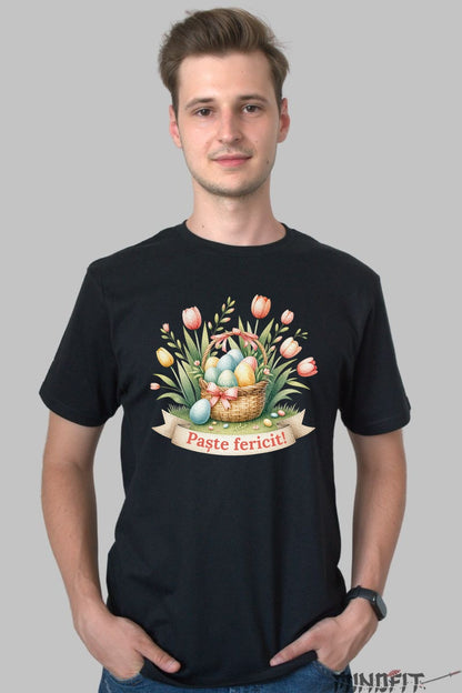 Tricou Paste Fericit - Cos cu Oua Si Flori Barbat Negru