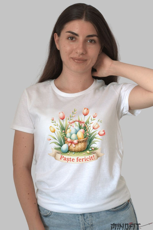 Tricou Paste Fericit - Cos cu Oua Si Flori Dama Alb