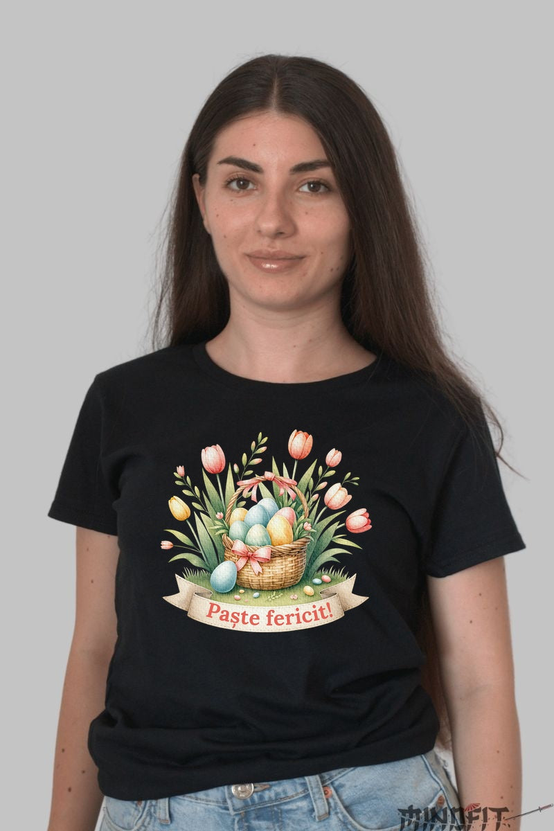 Tricou Paste Fericit - Cos cu Oua Si Flori Dama Negru