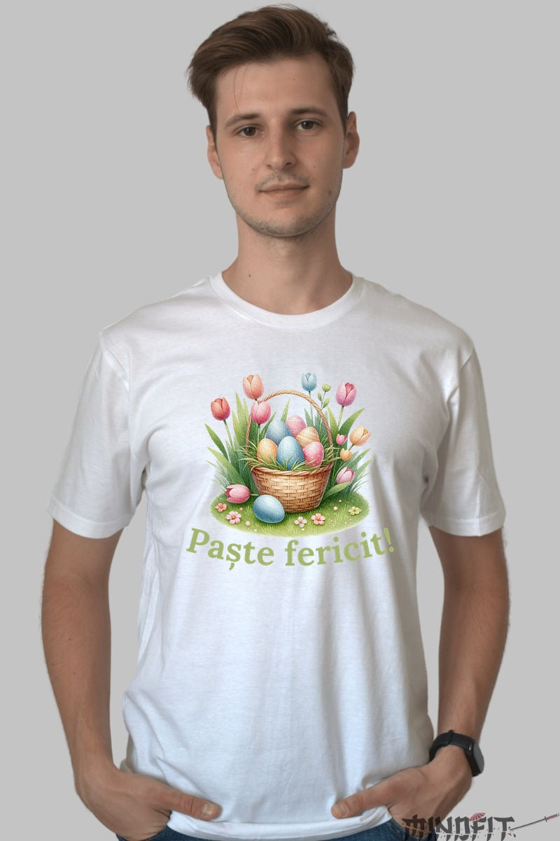 Tricou Paste Fericit - Cos cu Oua si Lalele Barbat Alb