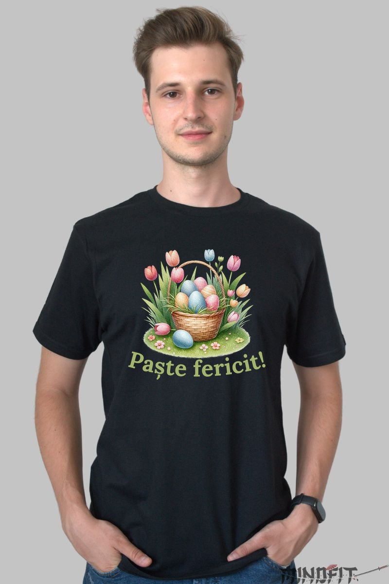 Tricou Paste Fericit - Cos cu Oua si Lalele Barbat Negru