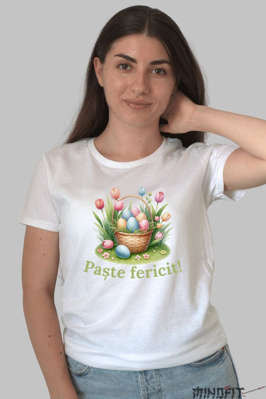 Tricou Paste Fericit - Cos cu Oua si Lalele Dama Alb