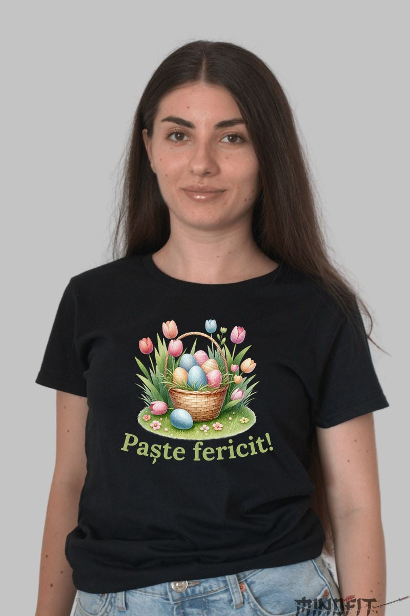 Tricou Paste Fericit - Cos cu Oua si Lalele Dama Negru