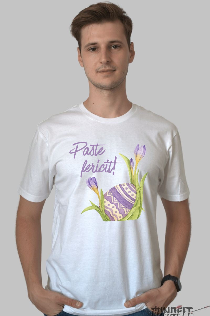 Tricou Paste Fericit - Cu Ou Si Branduse Mov Barbat Alb