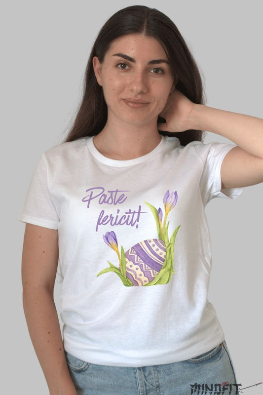Tricou Paste Fericit - Cu Ou Si Branduse Mov Dama Alb