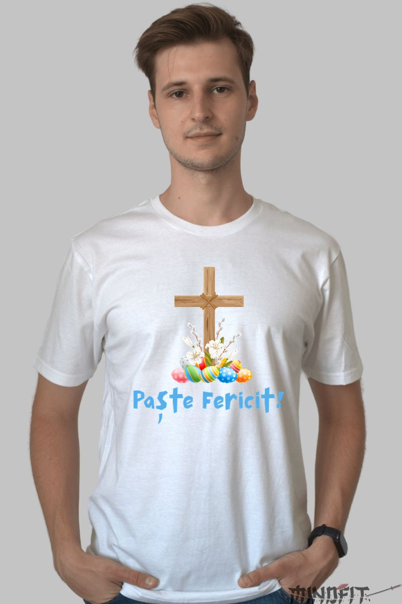 Tricou Paste Fericit - Design Cu Oua De Paste Si Cruce Barbat Alb
