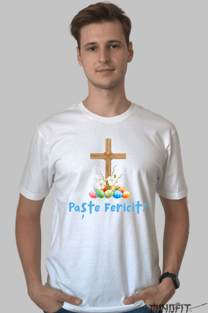 Tricou Paste Fericit - Design Cu Oua De Paste Si Cruce Barbat Alb