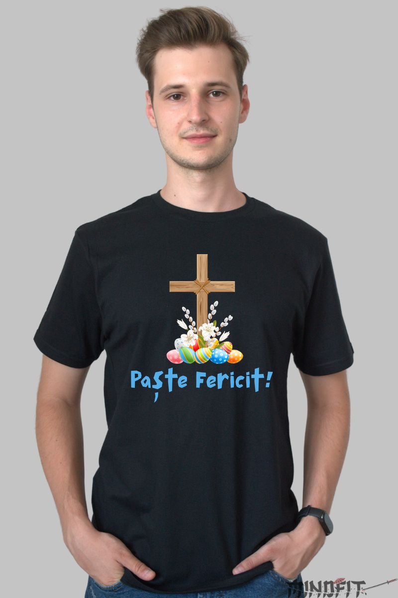 Tricou Paste Fericit - Design Cu Oua De Paste Si Cruce Barbat Negru
