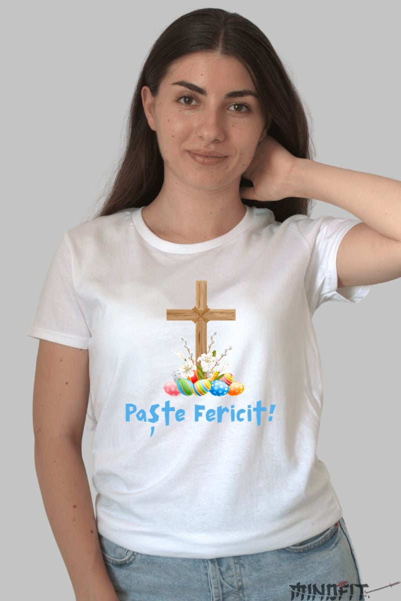 Tricou Paste Fericit - Design Cu Oua De Paste Si Cruce Dama Alb