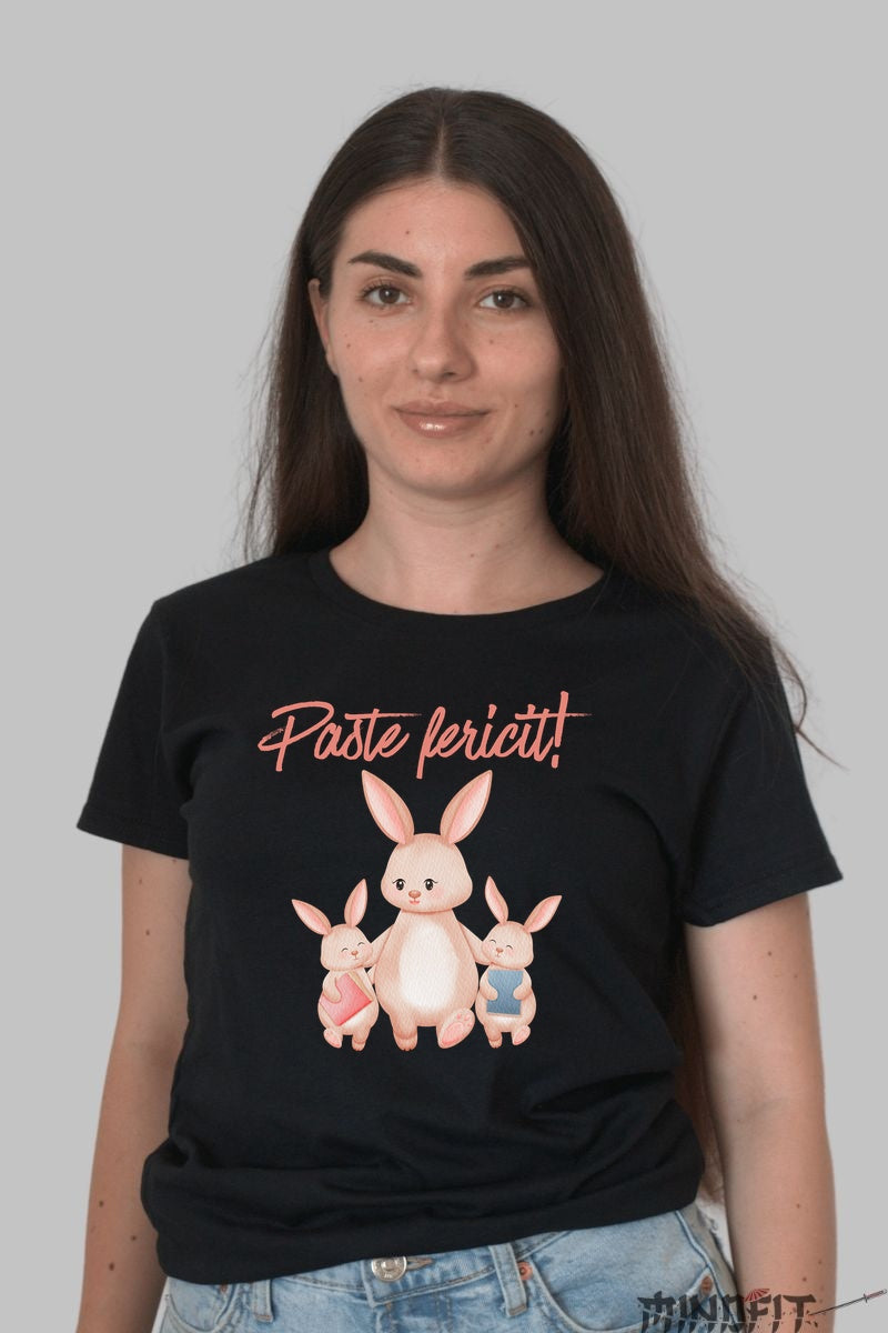 Tricou Paste Fericit - Familia De Iepurasi Dama Negru