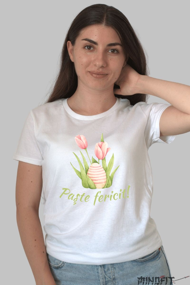 Tricou Paste Fericit - Flori si Oua Dama Alb