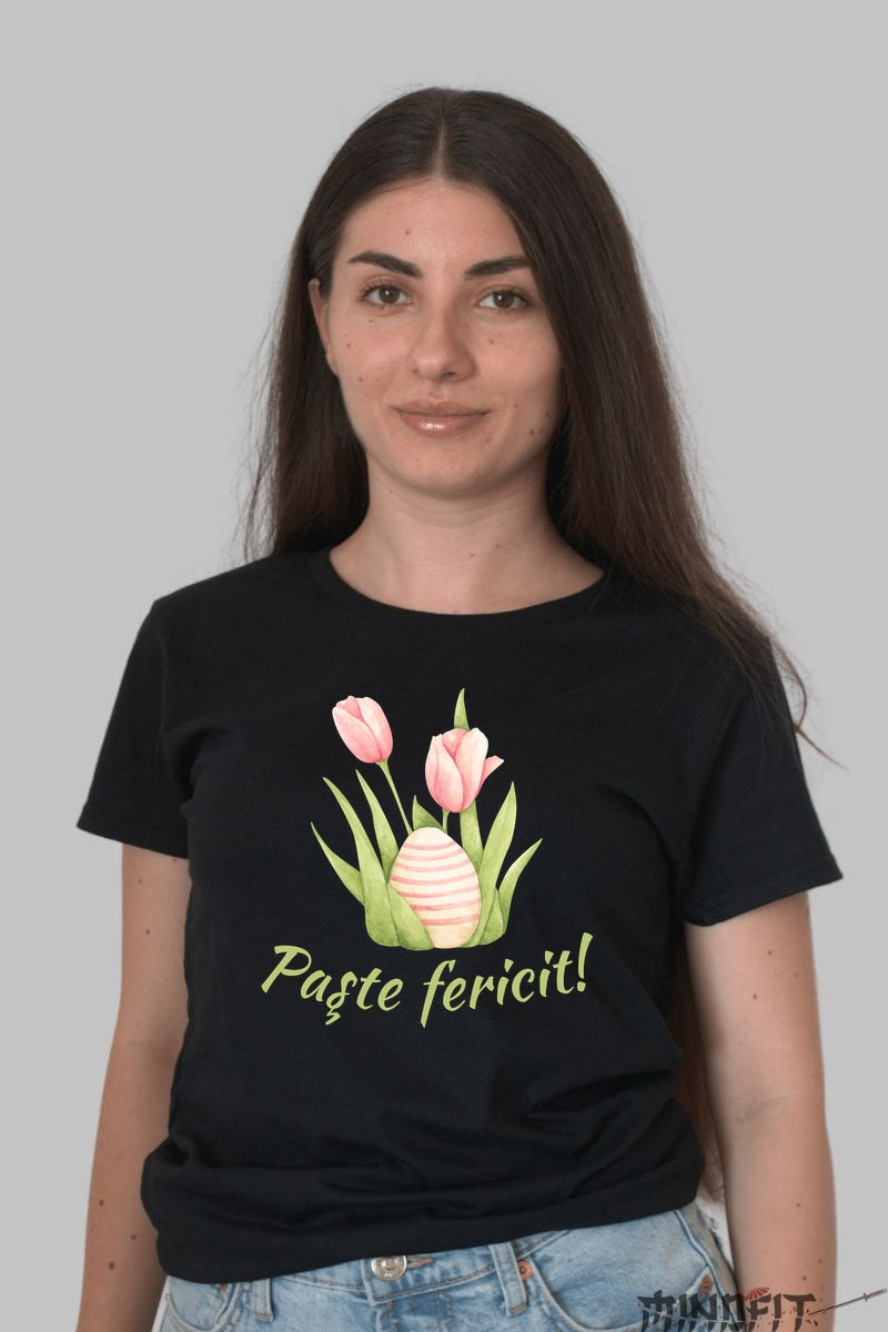 Tricou Paste Fericit - Flori si Oua Dama Negru