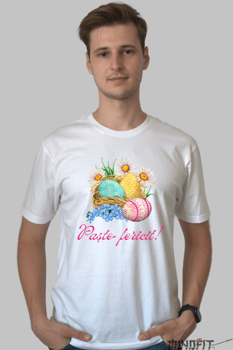 Tricou Paste Fericit - Flori si Oua In Cosulet Barbat Alb
