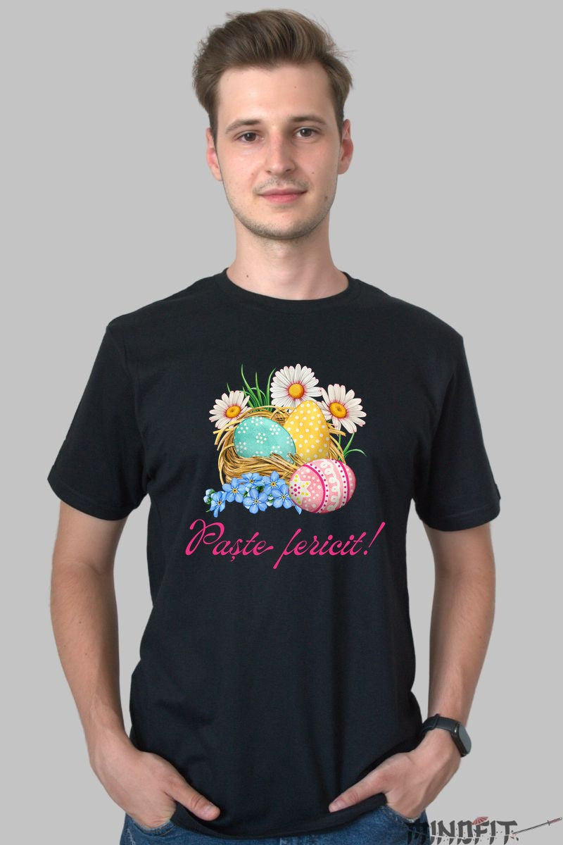 Tricou Paste Fericit - Flori si Oua In Cosulet Barbat Negru