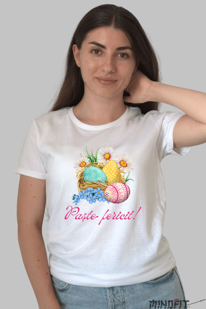 Tricou Paste Fericit - Flori si Oua In Cosulet Dama Alb