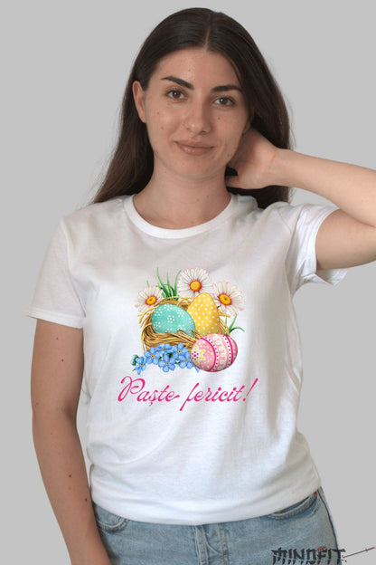 Tricou Paste Fericit - Flori si Oua In Cosulet Dama Alb