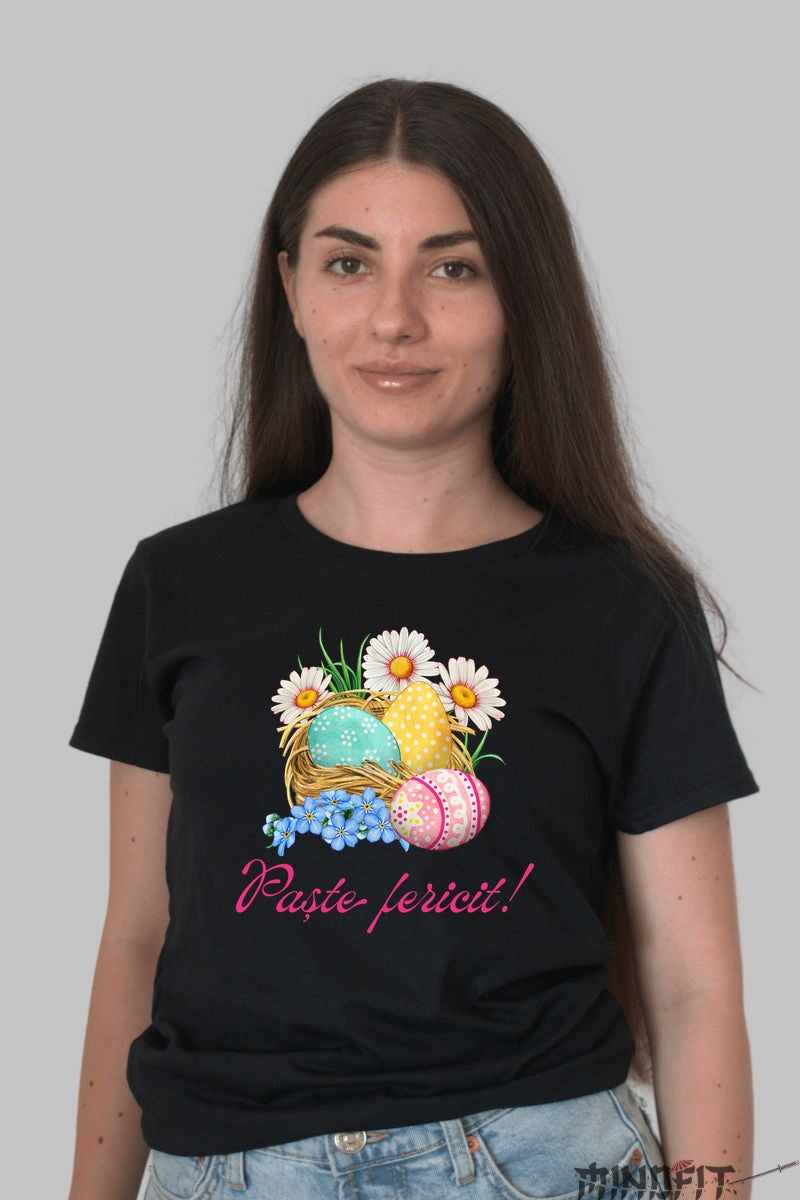 Tricou Paste Fericit - Flori si Oua In Cosulet Dama Negru