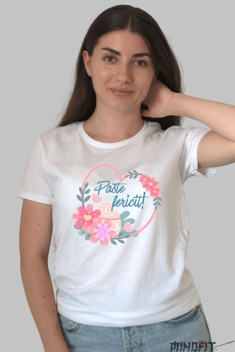 Tricou Paste Fericit - Florilor Vesele si Oua Colorate Dama Alb