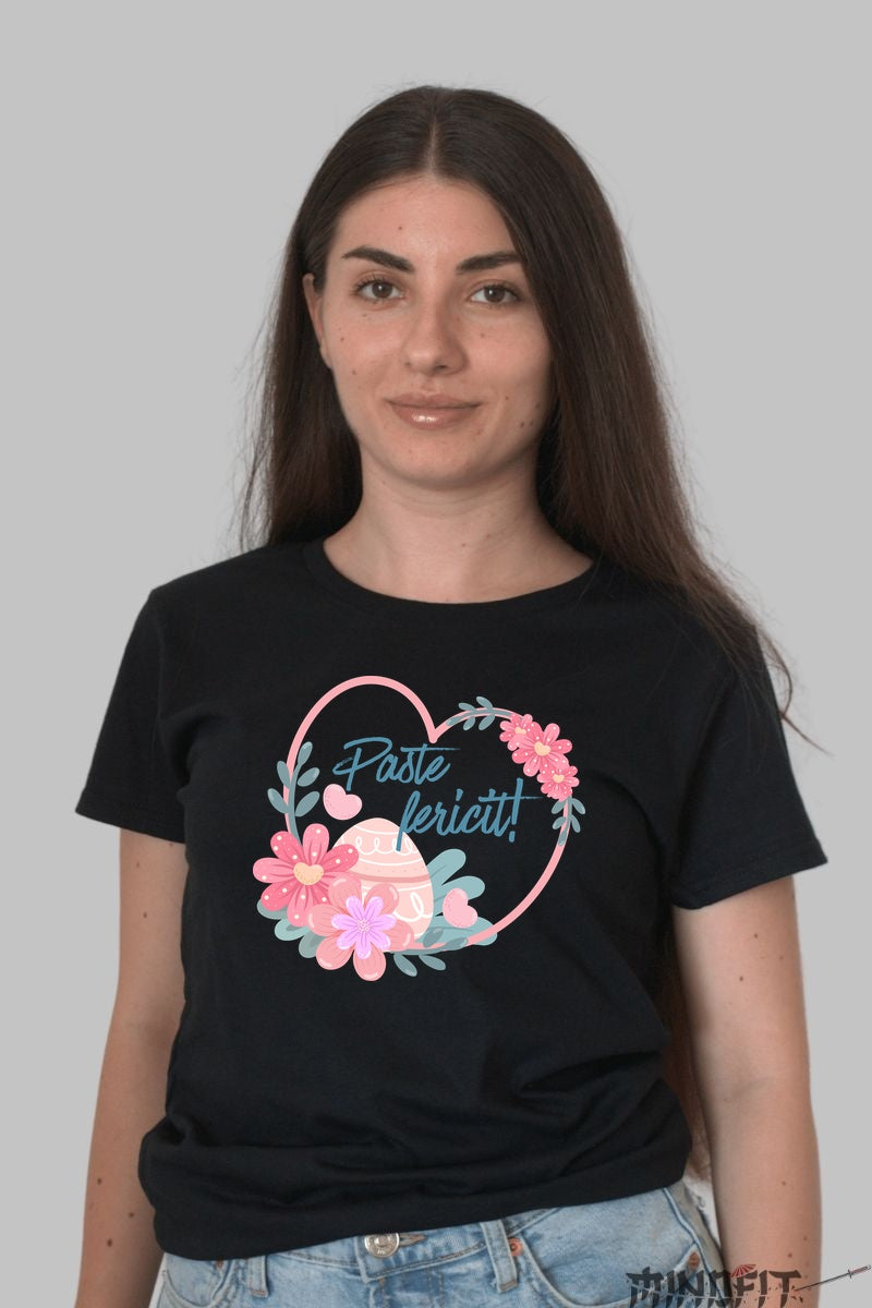 Tricou Paste Fericit - Florilor Vesele si Oua Colorate Dama Negru