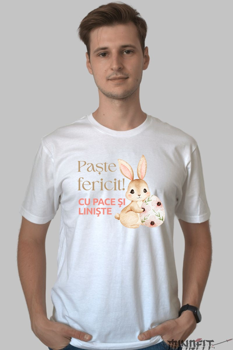 Tricou Paste Fericit - Iepuras Aducator De Pace Si Liniste Barbat Alb